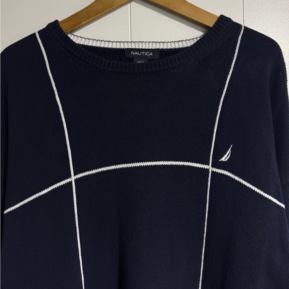 Vintage Nautica Knit Sweater Simple Style Navy Blue Big Checkered Window Pane - Picture 2 of 12